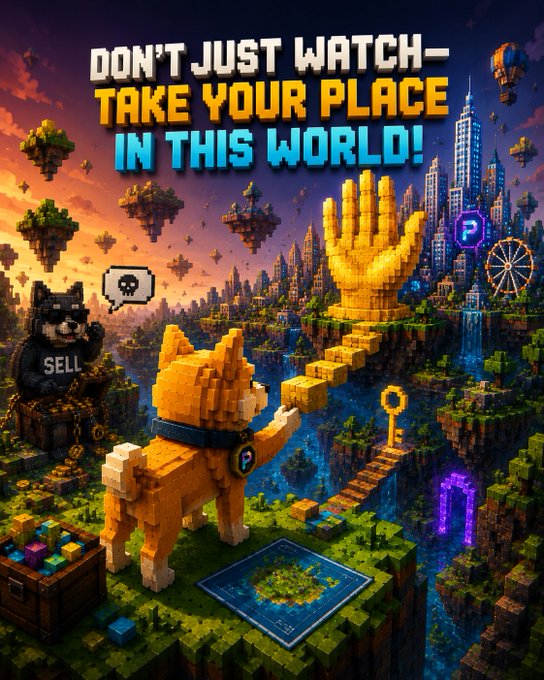 A pixel-art style promotional image with the text 'DON'T JUST WATCH - TAKE YOUR PLACE IN THIS WORLD!', featuring a Shiba Inu dog in a pixel world with a bear figure that says 'SELL' and a skull speech bubble.