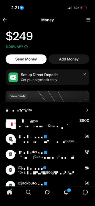 The image shows a mobile banking app called "Money" displaying a balance of $249 with 6.00% APY, along with "Send Money" and "Add Money" buttons, and a recent activity section partially visible. The post critiques the project for a missing "Recent Activity" feature while showing transactions with users like @jackbutcher and @0xE_, suggesting the app lacks functional transparency in its transaction history.