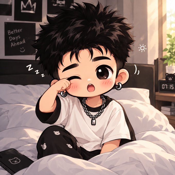 An anime-style illustration of a cute chibi boy with messy black hair sitting on a bed, rubbing his eye while yawning, wearing a white shirt and black pants with bear designs. The scene includes a digital clock reading 07:15, a "Better Days Ahead" poster, and Zzz sleep symbols.