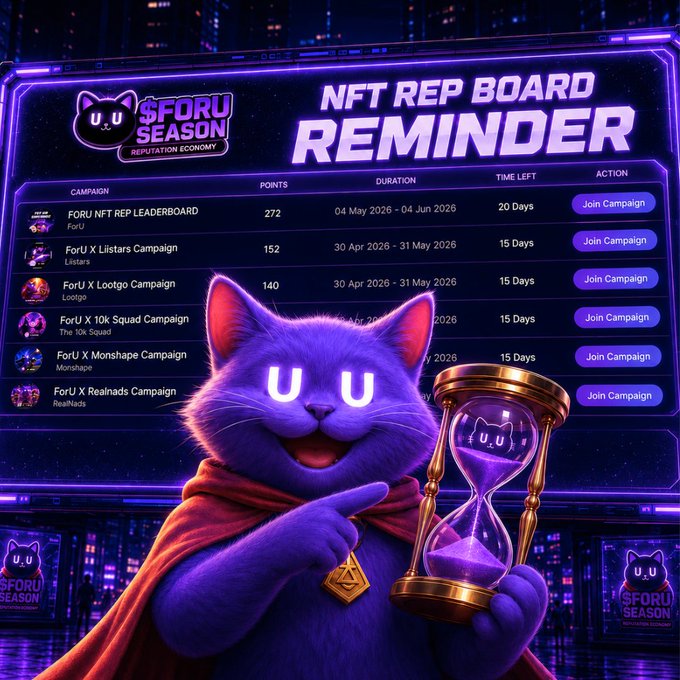 The image features a cartoon cat wearing a cape, holding a golden hourglass with its paws while standing next to a poster or sign that says "NFT REP Board reminder". The cat appears to be smiling and pointing at something on the poster. The text in the image suggests that this is related to an event or gathering where people are encouraged to share their experiences and achievements, possibly for a rewards-based system or a leaderboard.

The main focus of the image is the cartoon cat holding the golden hourglass, which serves as a visual representation of timekeeping and the passage of moments in the context of the NFT Rep Board reminder poster. The cat's presence adds a playful and engaging element to the overall composition, making it more appealing and memorable for viewers.