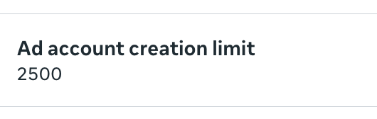 The image displays a setting labeled "Ad account creation limit" with a value of 2500, highlighting the maximum number of ad accounts that can be created on the platform. This relates to the post about scaling business operations amid the recent wave of ad account bans at the agency, suggesting a capacity boundary that could affect the scope of the planned expansion.