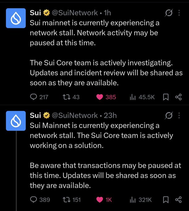 The image shows two posts on social media platforms with the same text. One of them is about a network downtime issue, while the other one is about SUINEAR's reliability. The first post has a caption that reads "What a timeline on SUI NEAR has zero downtime", and it also mentions that updates will be shared as soon as they are available. The second post has a caption that says "Focus on what is in the image and how it relates to the post". This post seems to be discussing network reliability, which is important for users who rely on SUINEAR's services.