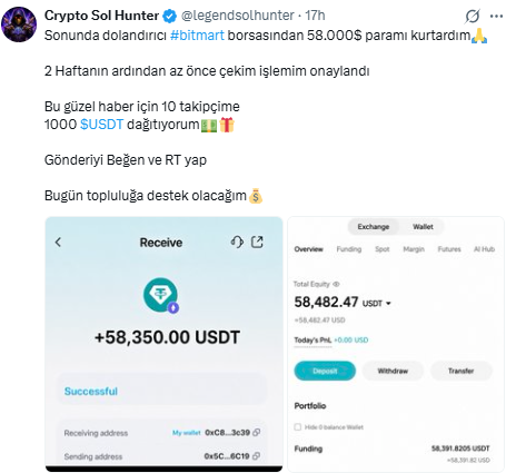 A tweet from 'Crypto Sol Hunter' (@legendsolhunter) in Turkish advertising a withdrawal of 58.000$ from Bitmart, offering to send 1000 USDT to those who RT, accompanied by screenshots of a successful +58,350.00 USDT receipt and a $58,482.47 account balance.