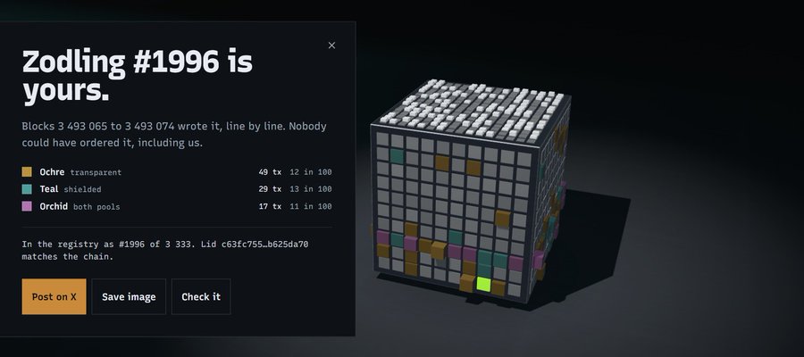A webpage screenshot titled 'Zodling #1996 is yours' describing blockchain blocks 3,493,065 to 3,493,074 with color breakdown of Ochre, Teal, and Orchid, alongside a 3D cube visualization.