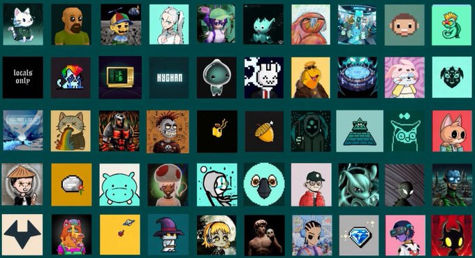 A large grid displays various NFT-style avatar artworks, including cats, anime characters, and digital collectibles.
