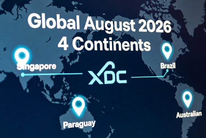 Promotional graphic for XDC showing a world map with location pins in Singapore, Paraguay, Brazil, and Australia, with text 'Global August 2026 4 Continents'.