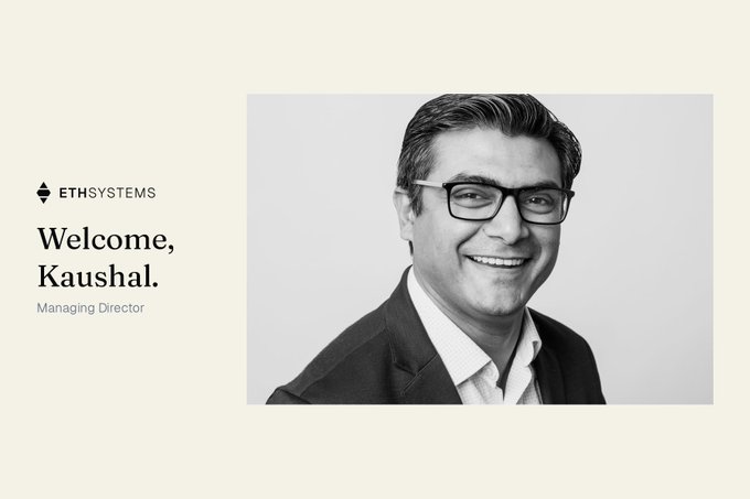 A black-and-white portrait of a smiling man accompanies the text "ETHSYSTEMS" and "Welcome, Kaushal. Managing Director".