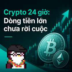 Crypto 24 giờ: Dòng tiền lớn chưa rời cuộc — A pixel-art Bitcoin figure stands beside large Bitcoin and Ethereum coin graphics with an upward-trending chart, illustrating the Vietnamese headline about institutional accumulation keeping major capital in crypto despite a slight dip, with BTC near $62,800 and ETH around $1,875.
