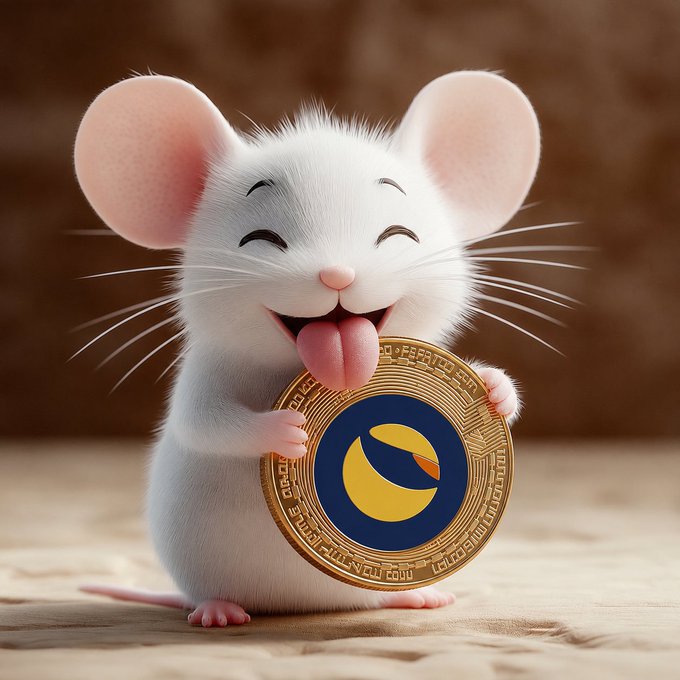A cheerful white mouse holds a gold coin featuring a yellow crescent moon logo, visually representing the Luna Classic (LUNC) cryptocurrency referenced by the text "HOLD $LUNC".