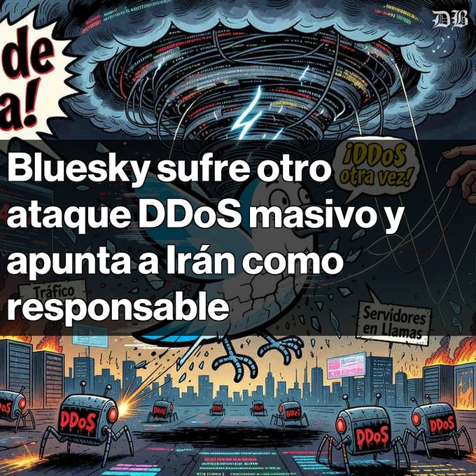 A cartoon-style illustration depicts a chaotic digital apocalypse, featuring a massive swirling cyber-storm cloud raining down lightning on a burning city skyline, while spider-like robots labeled "DDoS" swarm the streets. Overlaid text in Spanish reads "Bluesky sufre otro ataque DDoS masivo y apunta a Irán como responsable" (Bluesky suffers another massive DDoS attack and points to Iran as responsible), with speech bubbles exclaiming "¡DDoS otra vez!" (DDoS again!) and signs reading "Tráfico" and "Servidores en Llamas" (Servers on Fire). The image visually dramatizes the accompanying news post about Bluesky's second major DDoS attack in five months, attributed to Iran-linked actors.