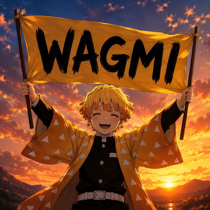 An anime-style illustration of a blonde character in an orange kimono holding a yellow flag that reads 'WAGMI' against a sunset sky.