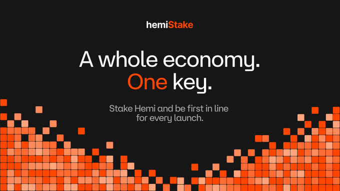 A promotional graphic for 'hemiStake' featuring the text 'A whole economy. One key.' and 'Stake Hemi and be first in line for every launch.' displayed against a black background with an orange pixelated wave design.