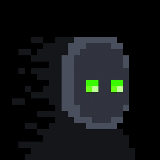 A pixel art depiction of a dark grey ghost-like figure with two glowing green rectangular eyes, appearing to float with motion lines suggesting movement.