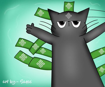 A digital illustration of a dark gray cat with a bored expression surrounded by floating green cryptocurrency-style tokens, signed 'art by - Sagee' in the corner.