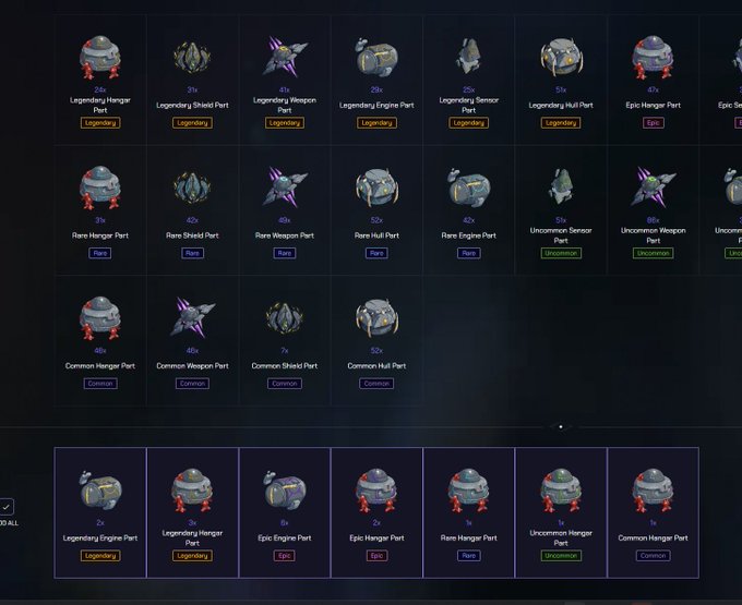 A screenshot of a video game inventory interface displaying various spacecraft parts categorized by rarity (Legendary, Rare, Epic, Uncommon, Common), including hangars, shields, weapons, engines, hulls, and sensors.