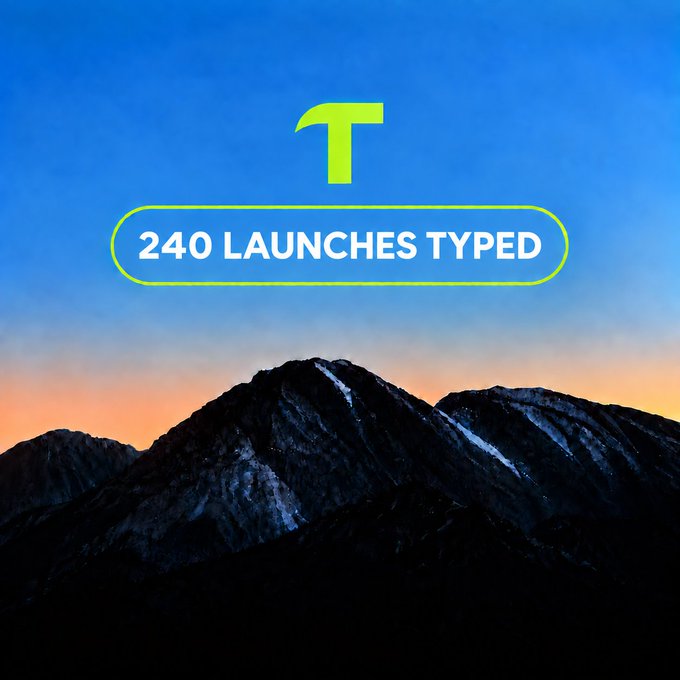 A graphic displaying a large neon green letter 'T' and the text '240 LAUNCHES TYPED' enclosed in a rounded rectangle, set against a backdrop of a dark mountain range silhouetted against a blue and orange sunset sky.