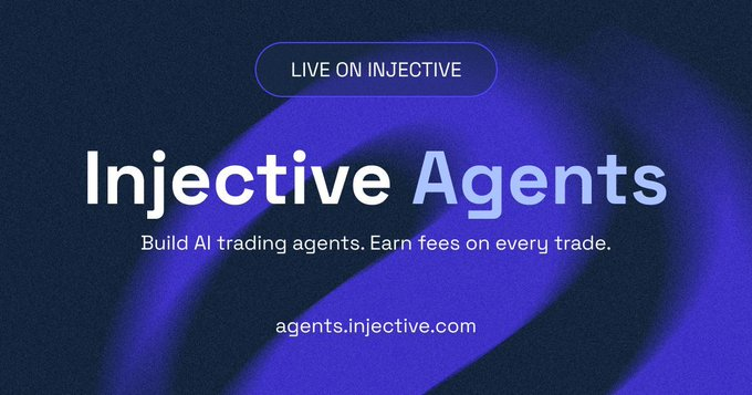 The image features a banner with blue and purple colors, displaying white text that reads "Live On Injective Agents." The background of the image has a dark blue color, which contrasts with the light blue background at the top of the image. The text on the banner is in white, making it stand out against the darker background.