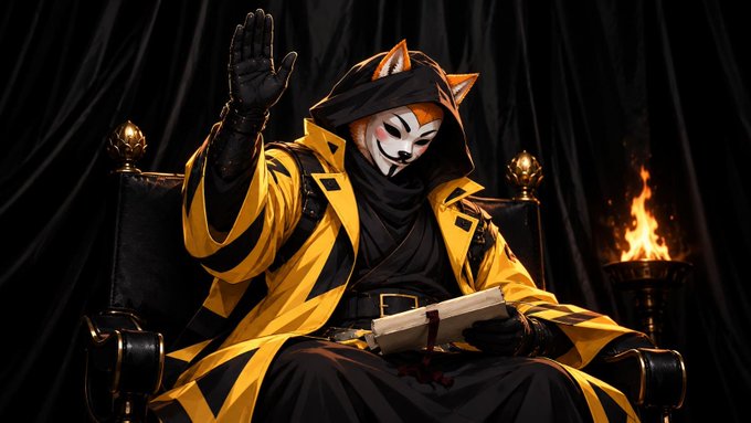 A costumed cosplayer wearing an orange and black tiger-themed outfit with a white fox mask and hood, seated on a dark throne while holding a scroll, with a fire burning in a brazier to the side.