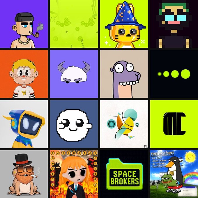A grid of various NFT-style avatar illustrations including characters like a smoking man, a wizard cat, monkeys, a penguin, and a "SPACE BROKERS" logo.