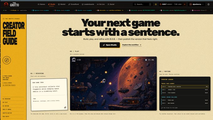 A screenshot of a webpage for 'The Grotto' featuring a 'CREATOR FIELD GUIDE' and the headline 'Your next game starts with a sentence,' alongside a space-themed game preview.