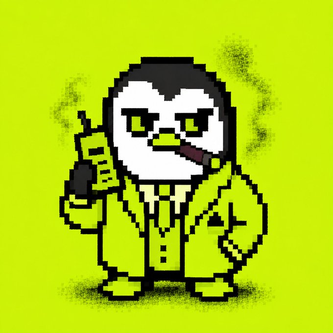 A pixel art character with a white skull-like face, black hair, and a cigar, holding a walkie-talkie, dressed in a yellow-green suit against a matching solid yellow-green background.