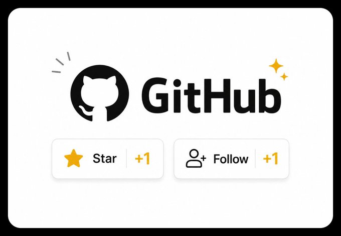 Clean graphic showing the GitHub logo with buttons indicating 'Star +1' and 'Follow +1', accompanied by small decorative sparkles.