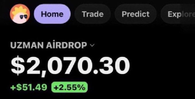 The image shows a cryptocurrency wallet screen displaying a balance of $2,070.30 (up +$51.49 or +2.55%) labeled as "UZMAN AIRDROP," likely presented as proof of earnings to promote a giveaway where participants can win $100 in Solana for following the listed accounts and joining the Telegram channels.