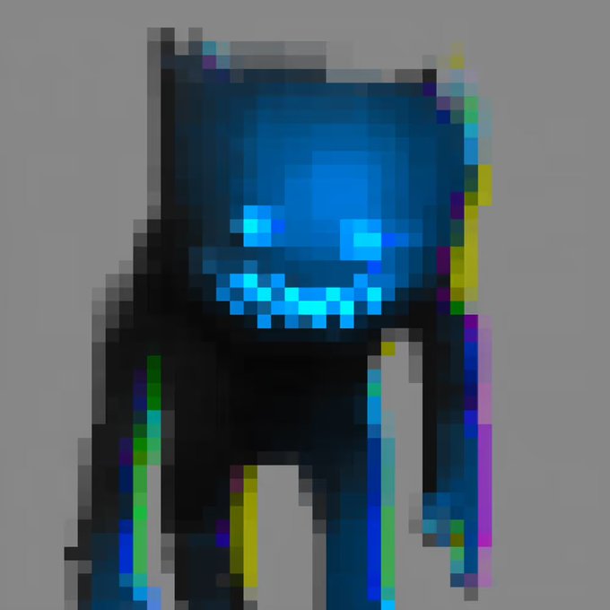 Pixel art character of a blue cat-like figure with glowing cyan eyes and a wide toothy grin, wearing a dark cloak with glitch-art distortion effects against a gray background.