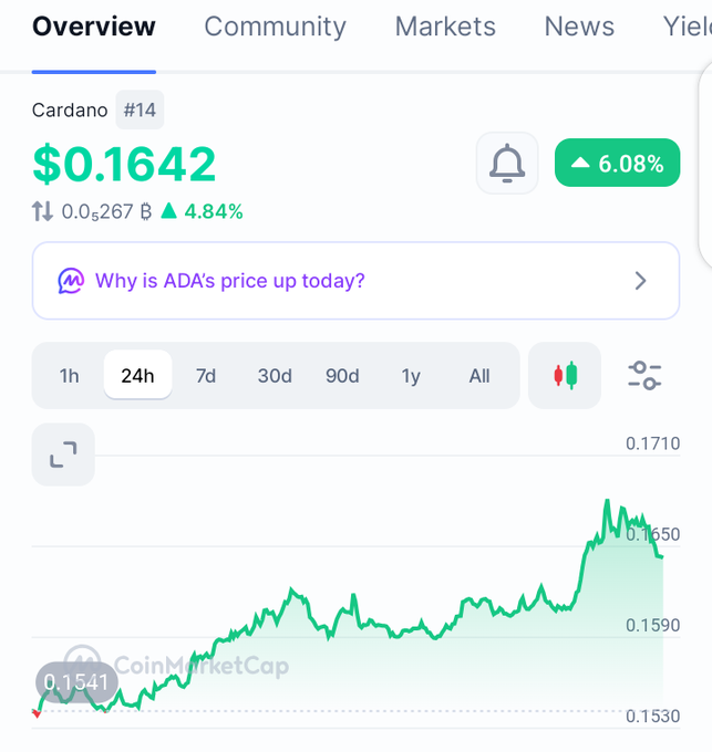 A CoinMarketCap-style cryptocurrency price page for Cardano (ADA) showing price $0.1642, +6.08% increase, ranked #14, with a 24h price chart.