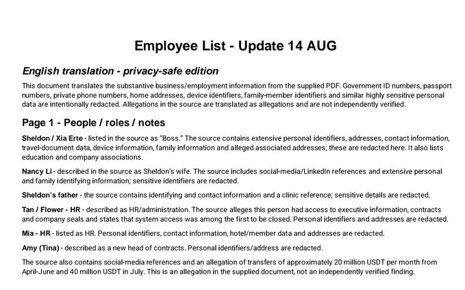 An English-translated, privacy-redacted employee list update dated 14 AUG identifies BitMart personnel including Sheldon (Xia Erte, "Boss"), his wife Nancy Li, HR staff Sheldon Jr., Tan/Flower (HR/admin), Mia (HR), and Amy (Tina), with allegations of ~20 million USDT monthly transfers April–June and 40 million USDT in July.
