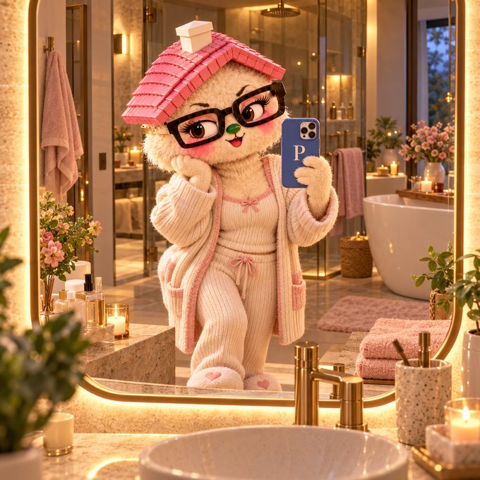 An AI-generated image of a cute anthropomorphic house character wearing glasses and a pink bathrobe, taking a mirror selfie with a phone in a luxurious pink-themed bathroom.