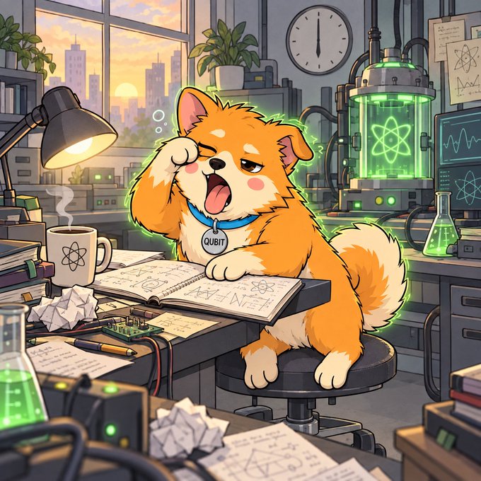 An illustrated orange and white dog named 'QUBIT' sits at a desk in a lab setting, yawning while surrounded by scientific equipment and notes.
