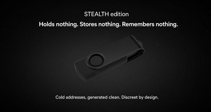 A product advertisement for a 'STEALTH edition' device, featuring the tagline 'Holds nothing. Stores nothing. Remembers nothing.' and 'Cold addresses, generated clean. Discreet by design.'