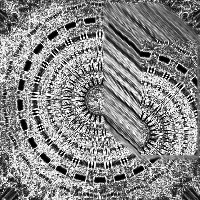 A black-and-white digitally manipulated image showing a highly textured, kaleidoscopic pattern with intricate radial and geometric designs, resembling a stylized microscopic or fractal structure. The abstract visual complements the accompanying post "5 xtz Life 391," likely reflecting a crypto-related artistic theme tied to Tezos (XTZ).