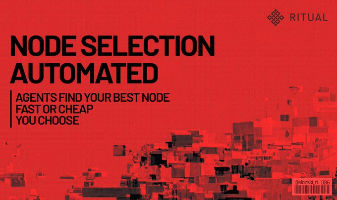 A bold red promotional graphic for Ritual features the headline "NODE SELECTION AUTOMATED" with the tagline "AGENTS FIND YOUR BEST NODE FAST OR CHEAP YOU CHOOSE," visually reinforcing the post's message that Ritual's broker agents automatically match users with the optimal node based on their preference for speed or cost.