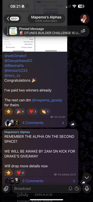 A Telegram channel screenshot from "Mapema's Alphas" with 2,659 subscribers shows posts announcing two paid winners, tagged usernames @web3mato1, @Danyarbava02, @Blexinarts, @Ishola12233, and @rexx_zy, and reminding members about an upcoming 2 AM Drake giveaway on the second space, reflecting the community's milestones in giveaways, gigs, and engagement.