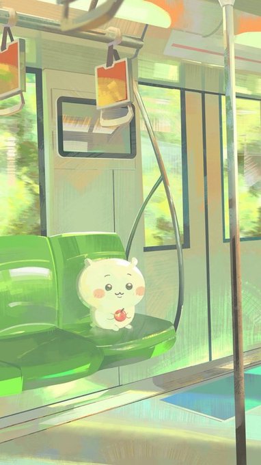 A cute white cartoon character holding a small red object sits alone on a green bus seat inside a sunlit train or bus, with blurred scenery visible through the windows. The image evokes a journey of growth, pairing with the post "next stop is $100m" to symbolize progress toward a major financial milestone.