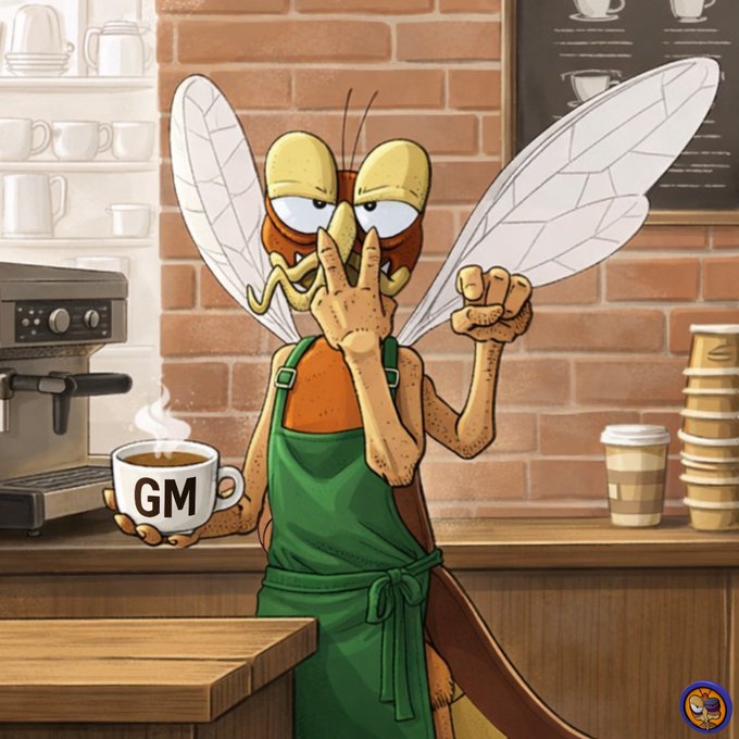 A cartoon illustration shows an anthropomorphic insect wearing a green apron, holding a steaming coffee cup labeled 'GM' in one hand while covering its face with the other, set against a coffee shop background.