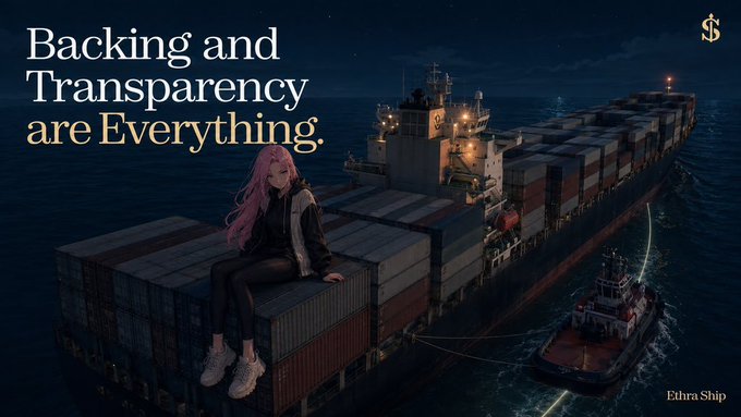 An anime character with pink hair sits on shipping containers on a cargo ship at night, with text reading 'Backing and Transparency are Everything' and 'Ethra Ship' branding.