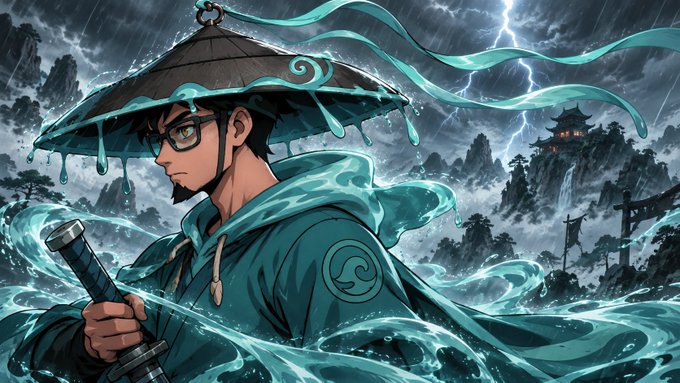 Anime-style digital artwork of a warrior in a conical hat and teal hooded cloak, wielding a sword amid water elements, rain, and lightning.
