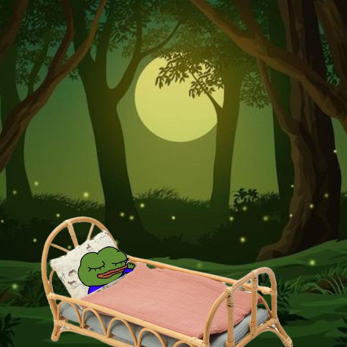 A cartoon illustration of a green Pepe the Frog character sleeping peacefully in a wooden bed with a pink blanket and pillow, set in a misty forest at night with a full moon and fireflies.