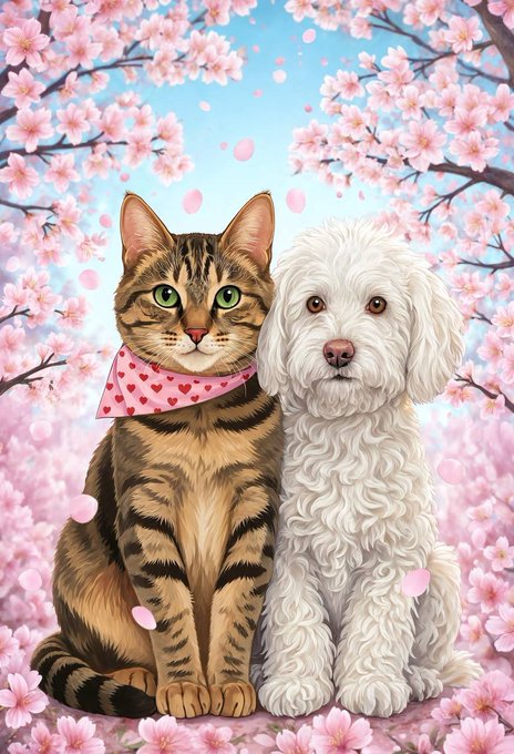 A tabby cat wearing a pink bandana with hearts and a white poodle sit together surrounded by pink cherry blossoms, humorously relating to the mention of "$cate" in the post. The image's cute animals and flowers are a visual contrast to the financial context of the post.