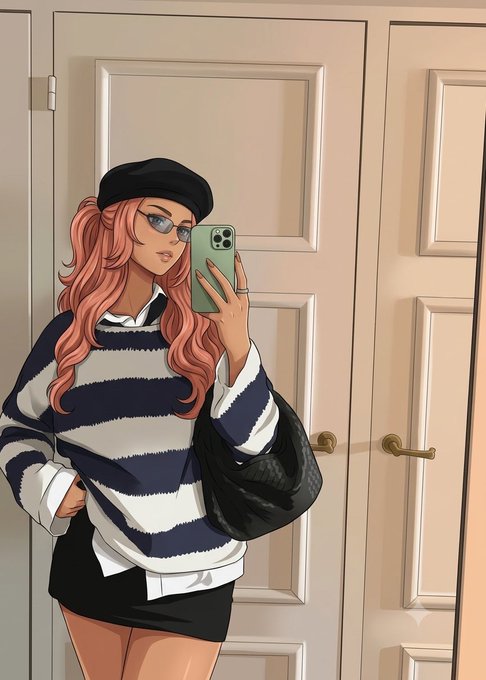 A girl with pink hair in a black beret and a navy and white striped sweater takes a mirror selfie with her phone in front of cream-colored doors, fitting the late-night "goodnight" post vibe while sharing her thoughts on the @quipnetwork project.
