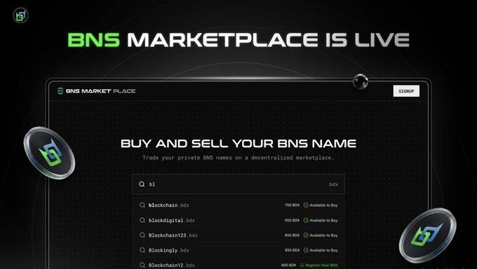 A promotional graphic for 'BNS MARKETPLACE IS LIVE' featuring a search bar typing 'bl' and listing available blockchain domain names with prices in BNS.