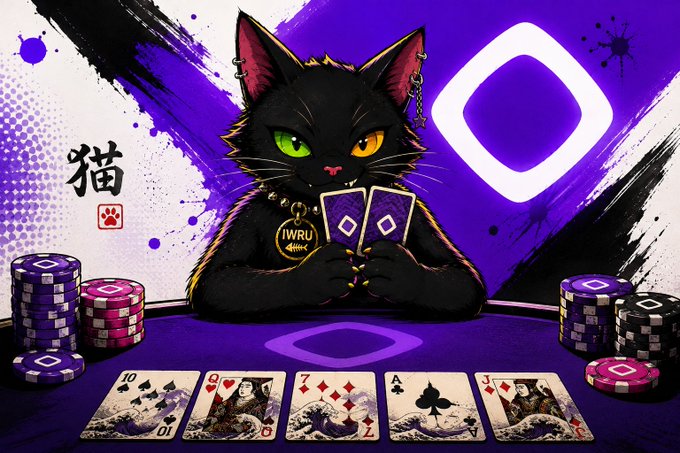 An anime-style illustration of a black cat with heterochromatic eyes holding cards at a poker table, with the Chinese character 猫 (cat), poker chips, and playing cards on a purple background.