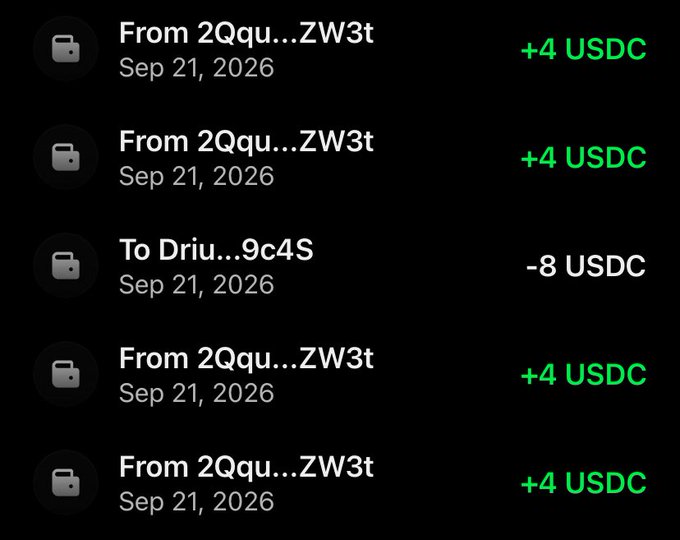 A transaction history showing four incoming transfers of +4 USDC and one outgoing transfer of -8 USDC, all dated Sep 21, 2026.