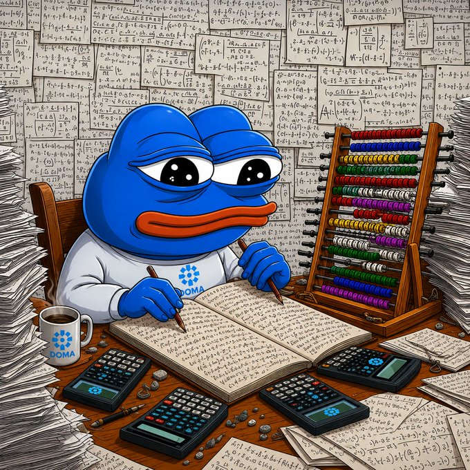 A blue Pepe-style frog character wearing a "DOMA" branded shirt sits at a cluttered desk filled with mathematical equations on the walls and papers, multiple calculators, a coffee mug, and a colorful abacus, intensely writing in a notebook—symbolizing the complex calculations behind the established yet rapidly expanding domain economy that Web3 is now poised to revolutionize.