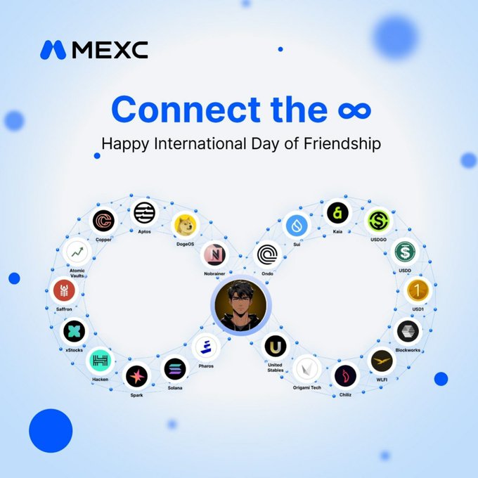 MEXC celebrates International Day of Friendship with a "Connect the ∞" campaign, featuring a heart-shaped infinity symbol made up of various crypto tokens including DogeOS, Sui, USDOO, USDC, USDD, USDS, Blockworks, WLFI, Chiliz, Origami Tech, United Stables, Phenix, Solana, Spark, Hacken, xStocks, Saffron, Aolosp, Cosmic Vitaliks, Copper, Neutralcramer, Ondo, and Kala, with an anime-style avatar at the center symbolizing the user's personal connection to the MEXC ecosystem.