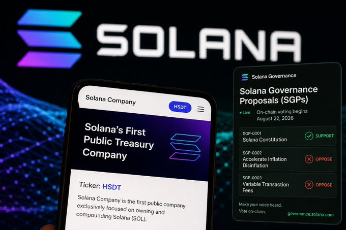 The image shows a smartphone displaying Solana Company's (HSDT) page alongside a Solana Governance Proposals panel, which aligns with the post by showing HSDT supporting SGP-0001 (Solana Constitution) while opposing SGP-0002 (Accelerate Inflation Dissinflation) and SGP-0003 (Variable Transaction Fees), all set against a large Solana logo background.