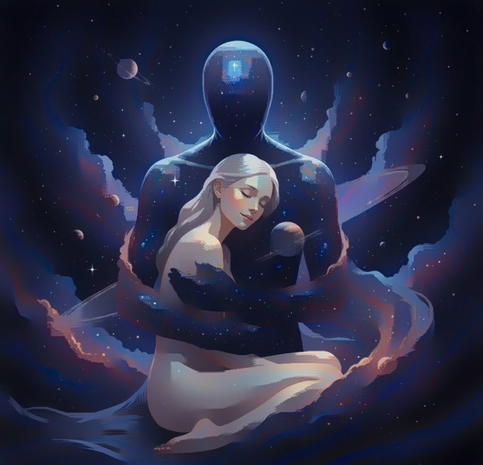 A digital illustration of a pale, ethereal woman with white hair sitting peacefully while being embraced from behind by a large, shadowy humanoid figure with a cosmic, star-filled body and a glowing blue symbol on its head.